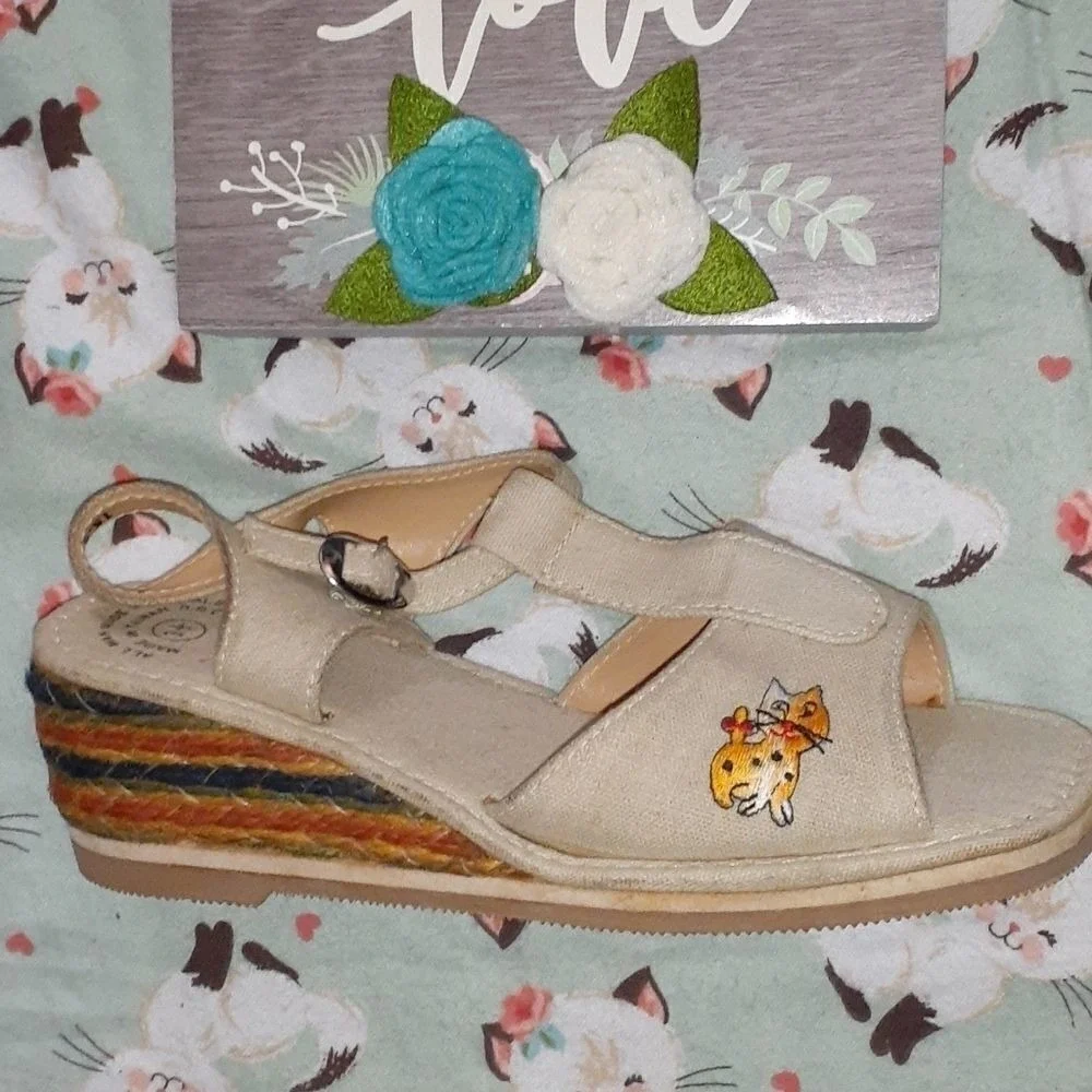 70s Vintage Kids Tan Wedge Sandals with Cute Cat Embroidery Espadrille‎ rainbow